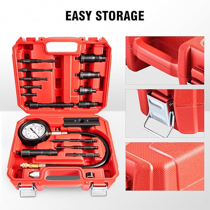 DNA Motoring TU-15B Diesel Engine Compression Gauge Tester with Gauge & Adapters, Cylinder Pressure Meter Teste Tool Kit for Trucks Cars, TOOLS-00336