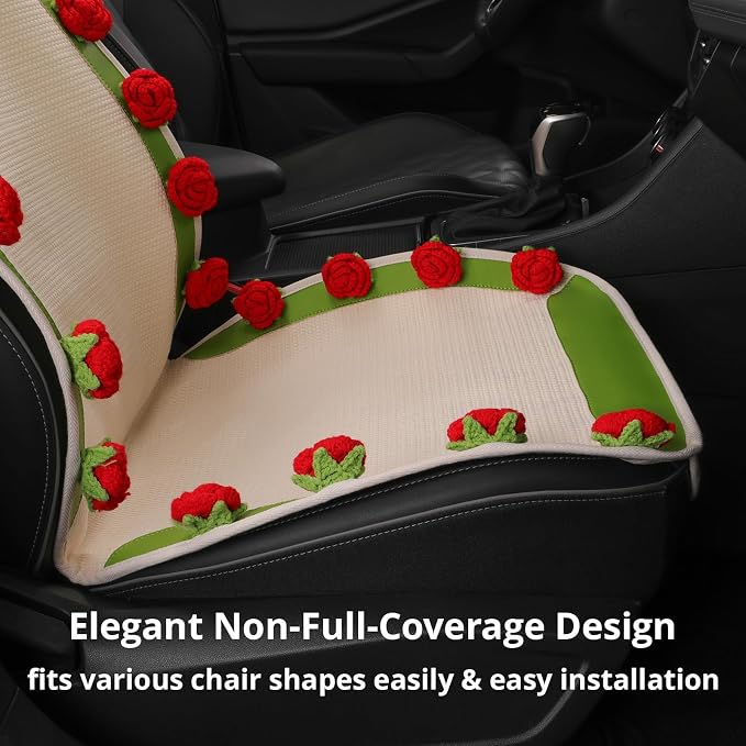 Universal Car Seat Covers, Handmade Floral Green & Red Rose Design Cushion, Cute Interior Seat Cover for Cars, SUVs & Trucks,Car Accessories Gift for Women (1-Piece)