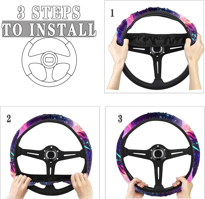 Howilath Galaxy Psychedelic Wolf Print Car Front Seat Cover Accessories 10pcs Center Console Cover and Flower Steering Wheel Covers for Women Men