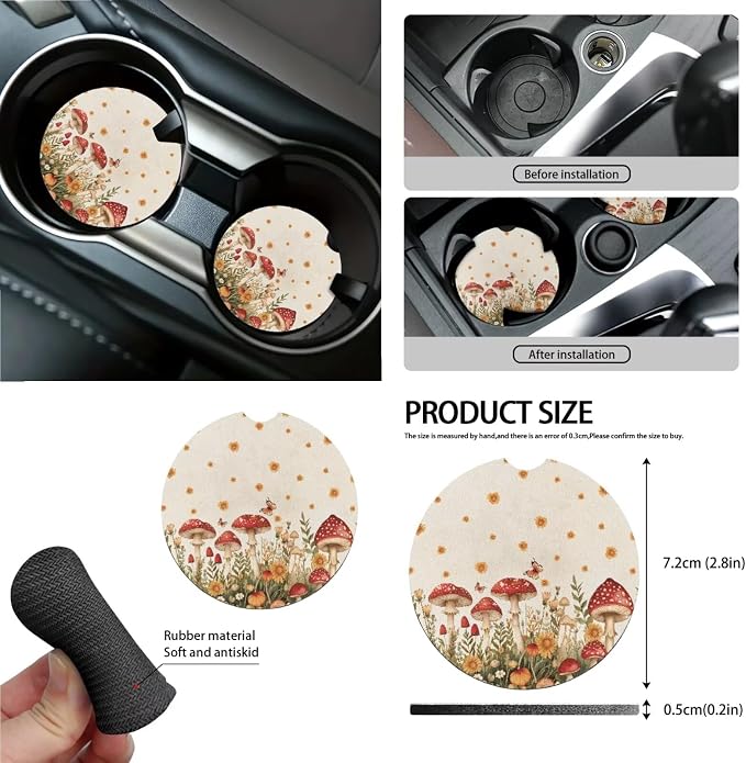 Cottagecore Mushroom Butterfly Daisy Car Seat Covers 15Pcs Full Set Car Steering Wheel Cover Seat Belt Cover Trash Bin Air Vent Storage Box Rear View Mirror Car Cup Holder Keychain