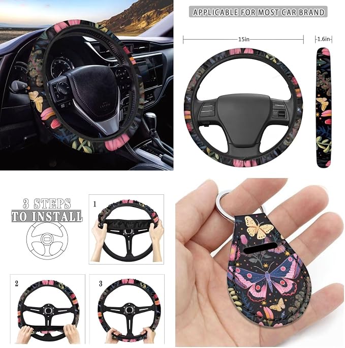 Cottagecore Butterfly Car Seat Cover for Front & Rear Bench,12 Pack Hippie Flower Butterflies Auto Steering Wheel Cover Non Slip Cup Coaster Keychain Lip Holder Sleeve Safety Seatbelt Pads Set