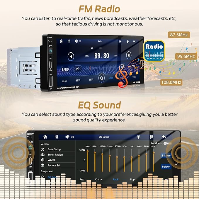 6.86 Inch Wireless CarPlay Car Stereo, Touch Screen Android Auto Radio with Mirror Link, Single Din Bluetooth 5.0 Audio Receiver with FM/RDS, EQ, Power-Off Memory,TF/USB/SWC + Rear View