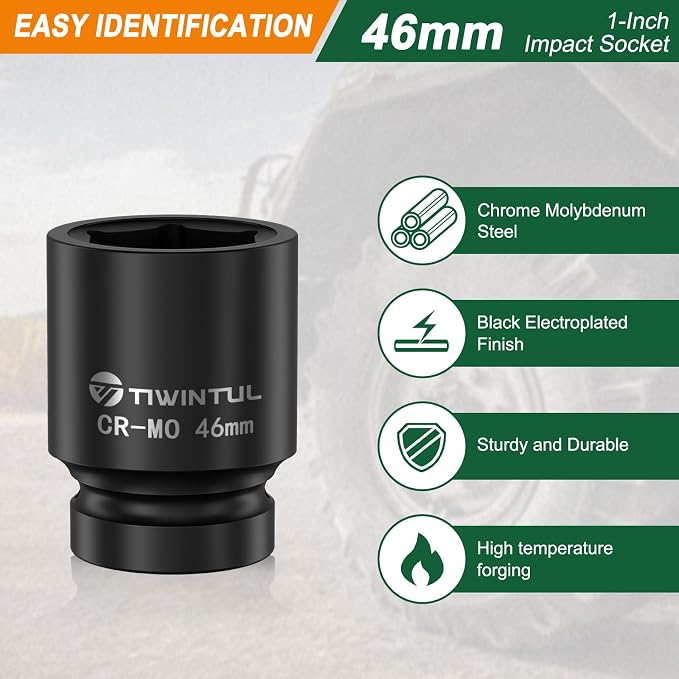 46mm Impact Socket 1-Inch Drive, 6 Point Design,CR-MO Heavy Duty Metric Socket for High Torque Impact Wrench, Large Socket for Semi Truck Axle Nuts, Diesel Mechanic & Heavy Equipment