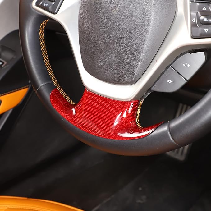 Steering Wheel Cover Trim Real Carbon Fiber 1PCS Compatible with Corvette C7 Z06 Z51 ZR1 Stingray 2014 2015 2016 2017 2018 2019 (Red Carbon)