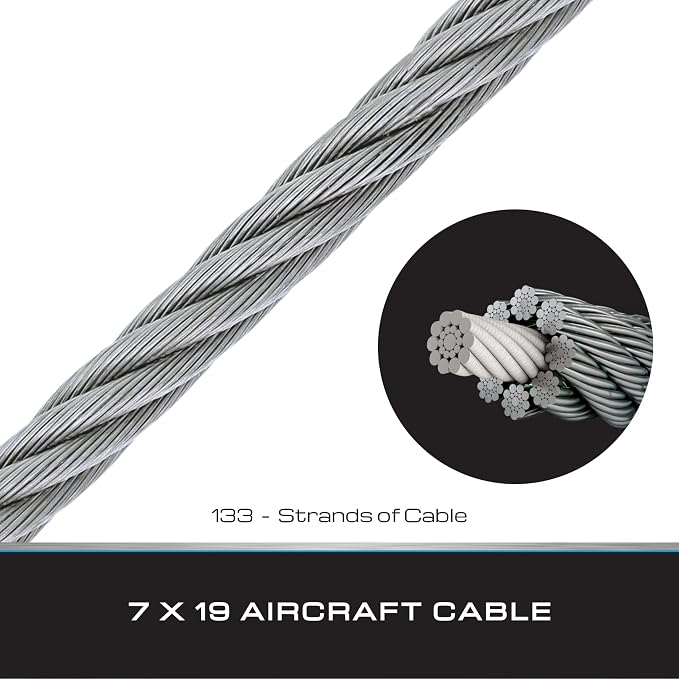 Tie Down 100 ft Galvanized Steel Aircraft Cable with Loop & Thimble – 7x19 Wire Rope, 1/4" Diameter – 7,000 lb Break Strength, 1,400 lb SWL – for Winches, Rigging, Fencing & More
