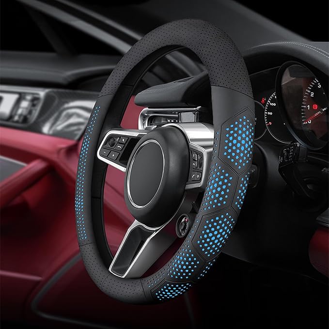 Yangday Leather Steering Wheel Cover for Jeep Wrangler Grand Cherokee Compass, 14.5-15 inches Car Steering Wheel Cover with Non-Slip Breathable (Blue)