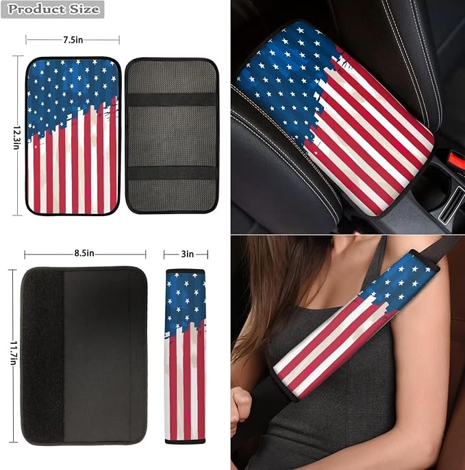 Flag Car Accessories Set of 10, Seat Covers for Cars with Steering Wheel Cover Vehicle Armrest Cover Pad Car Auto Seat Belt Cover Shoulder Pad Absorbent Drinks Cup Mat Keychain Wrist Strap