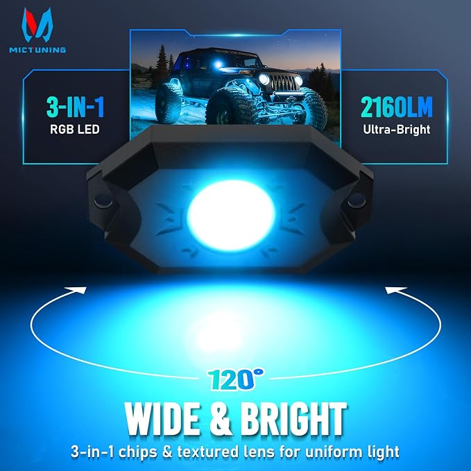 MICTUNING 8 Pods RGB Rock Lights Kit with RF Remote Control IP68 Waterproof | RGB Multi-colors Effect, Freely Adjustable Brightness, Easy to Install, 2-Year Warranty