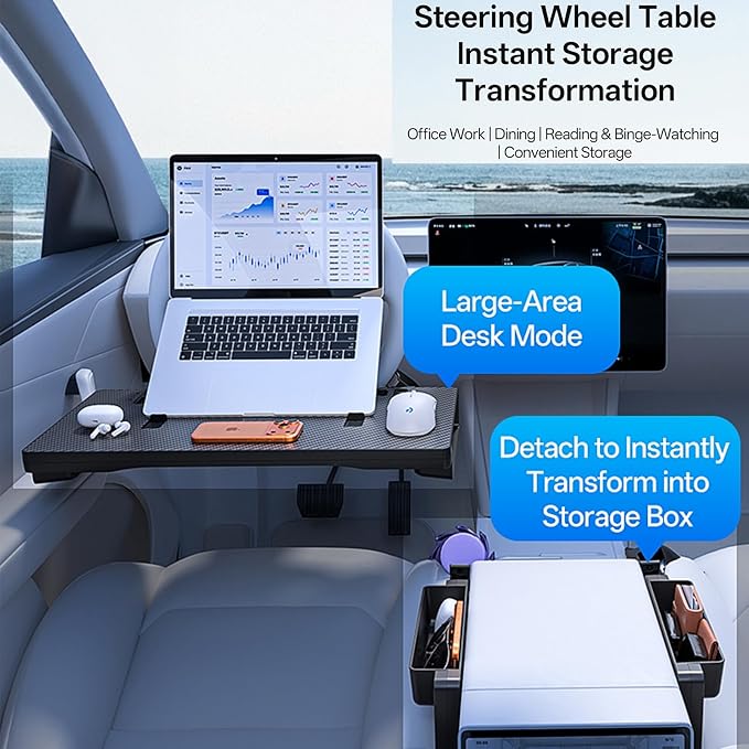 Carbon Fiber 3-in-1 Steering Wheel Tray Table & Car Seat Gap Filler Organizer & Centre Console Storage Box | Foldable Adjustable Car Desk/TableTray for Laptop, Eating & Work (【Foldable】 3-in-1) | Detachable Seat Gap Filler，0-30° Adjustable Angle，3-in-1...