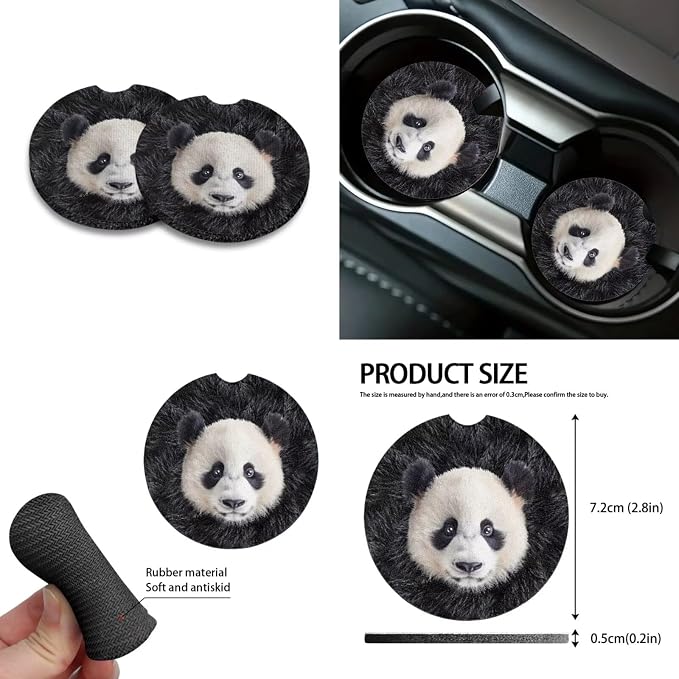 Panda Pattern Auto Accessories Set of 10, Front and Back Seat Covers for Car Steering Wheel Cover Cup Coasters Air Vent Pounch Bag Lanyard Keychain Car Trash Bin for Women Men