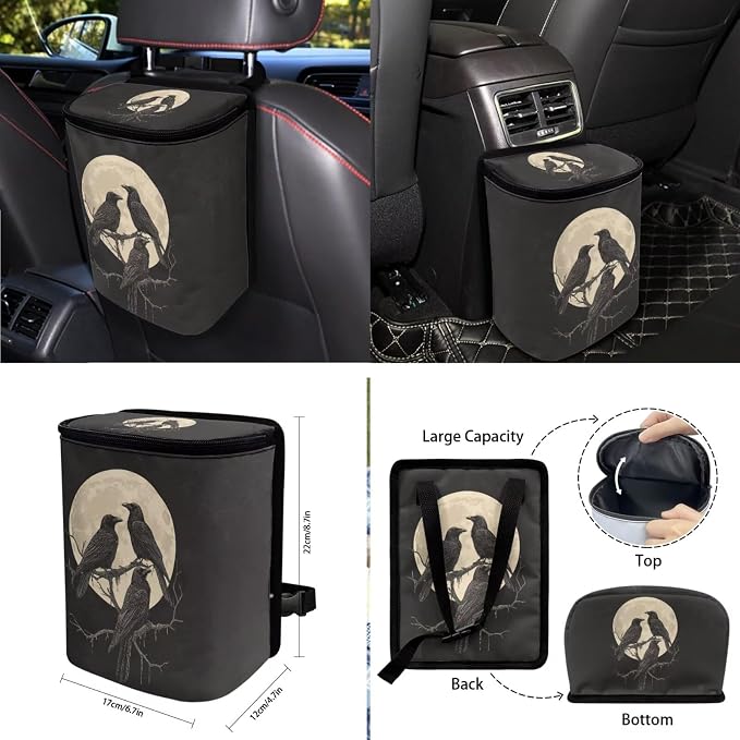 Raven Moon Pattern 10 Pcs Car Accessories Sets Breathable Front Rear Seat Covers Car Air Vent Storage Bag Auto Garbage Can Steering Wheel Cover Coaster Keychain