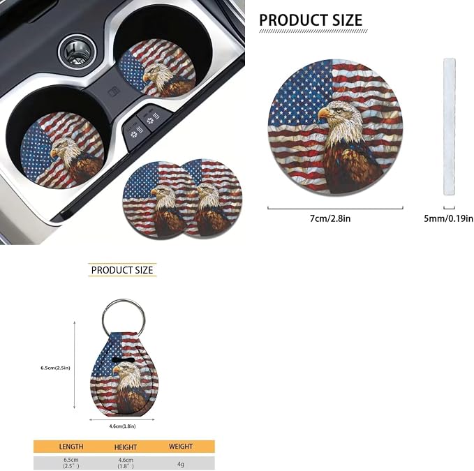 Suobstales Eagle American Flag Print Car Accessories with Car Front Rear Split Seat Covers, Seat Belt Pads + Steering Wheel Cover + Coaster + Keyrings for Women Set of 11-Pcs