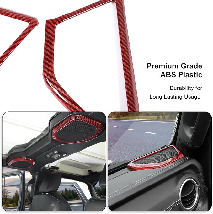A Pillar Speaker Trim Cover & Roof Speaker Audio Trim Cover Ring Kit Decoration Interior Accessories for Jeep Wrangler JL JLU & Gladiator JT 2018-2022,Red Carbon Fiber
