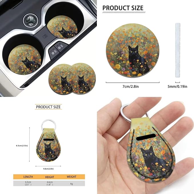 Suobstales Cat Flower Print Seat Cover for Car Full Set 11-Pcs, Car Accessories Steering Wheel Cover + Seat Belt Covers Pads + Coasters + Keychains for Women Interior Accessories Decoration
