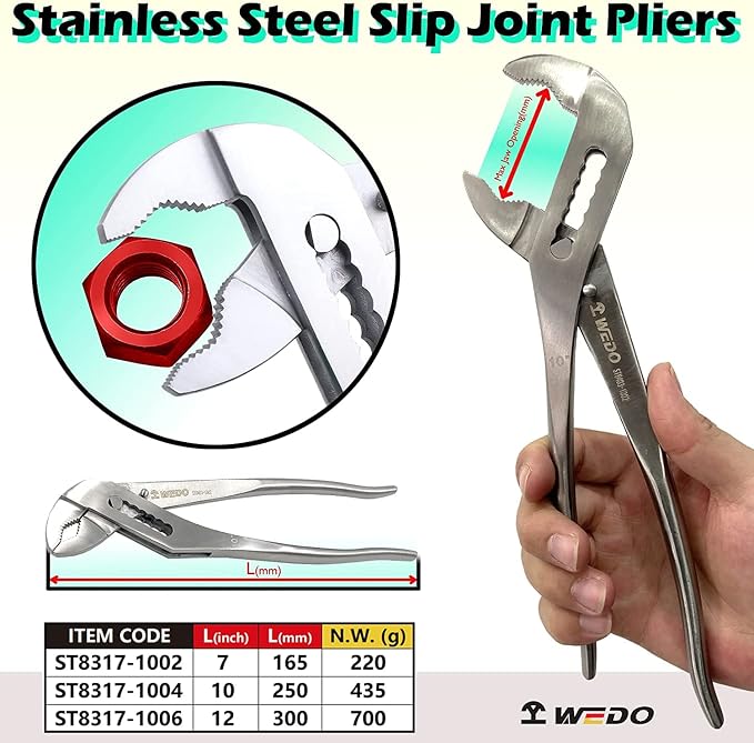WEDO Stainless Steel Groove Joint Pliers, 12" Adjustable Water Pump Pliers, Slip Joint, Tongue and Groove Plier, V-Jaw, Length 300mm, for Plumbing Repair and Home Maintenance