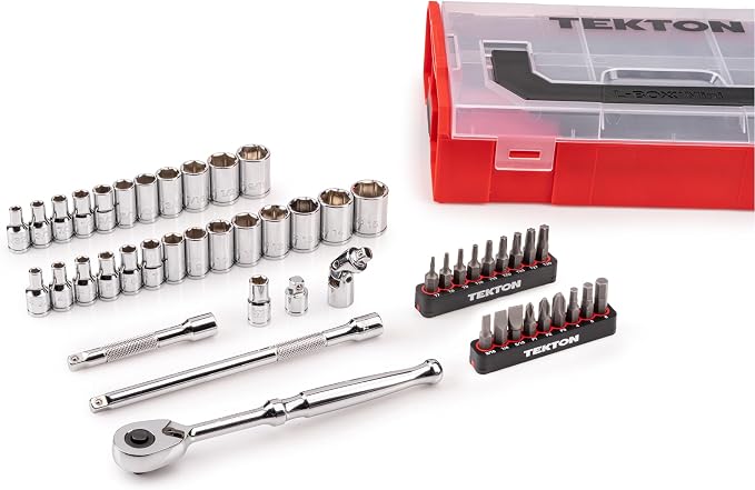 TEKTON 1/4 Inch Drive 6-Point Socket, Bit, and Ratchet Set with Mini Stacking Tool Box (49-Piece) | SKT06300