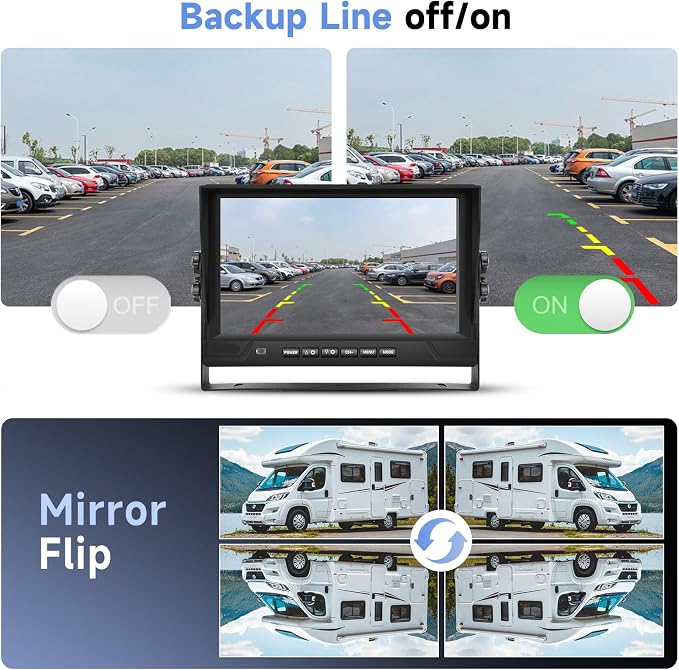 4 Channel 9 inch IPS Backup Camera System with Monitor for Tracks,RVs,Tractors, Bus, CementTruck, HD 1080P Wired Reverse Camera Waterproof Night Vision 4 Cameras Support Recording, Plug and Play