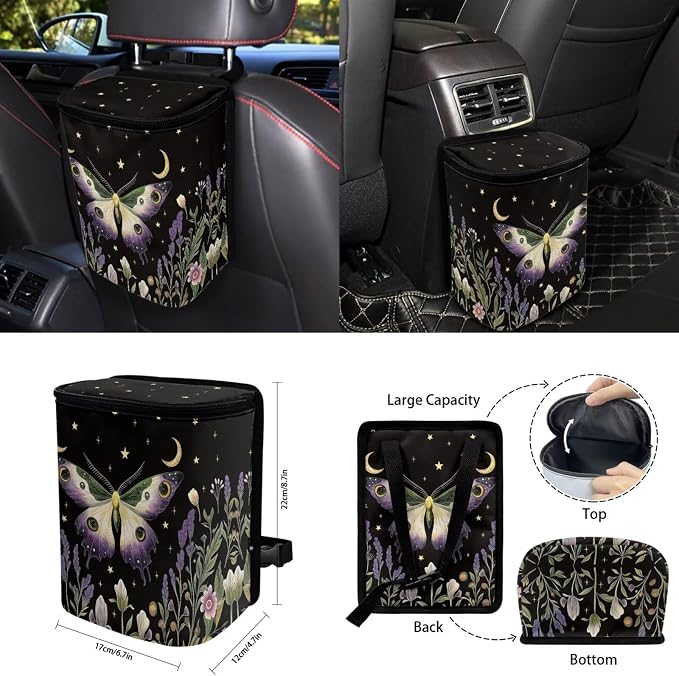 Moon Moth 15Pcs Car Seat Cover Full Set Car Steering Wheel Cover Seat Belt Cover Trash Bin Front Rear View Mirror Car Cup Holder Keychain