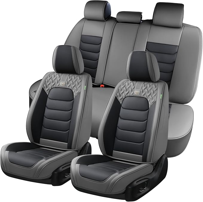FLORICH Car Seat Covers, Leather Seat Covers, Waterproof Car Seat Protector, Auto Driver Seat Covers Accessories Fit for Most SUV Trucks(Gray&Black, Full Set)