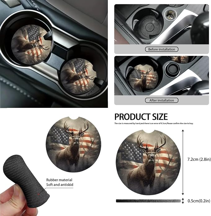 Deer American Flag Pattern Car Accessories Pack of 13, Auto Front and Rear Seat Cover Full Set, 1 Steering Wheel Cover, 4 Seat Belt Cover, 4 Cup Holder Coasters Universal Fit for Most Cars