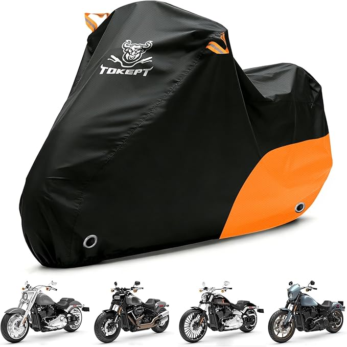 Motorcycle Cover Waterproof All Season Outdoor Protection, Fits up to 96 Inch, Compatible with Sport Bikes & Cruisers with Locking Holes & Reflective Strips (Black&Orange)