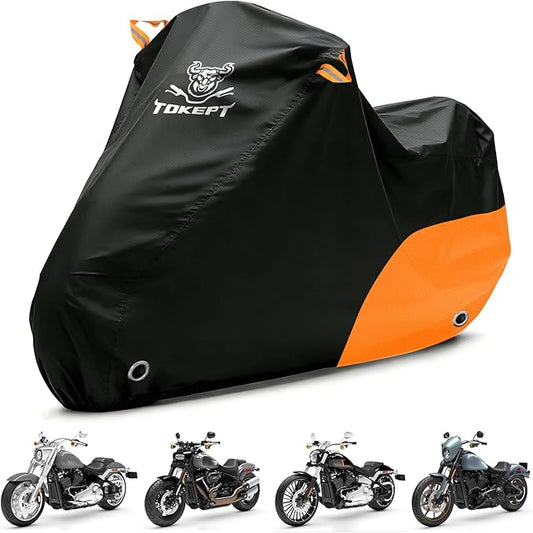 Motorcycle Cover Waterproof All Season Outdoor Protection, Fits up to 96 Inch, Compatible with Sport Bikes & Cruisers with Locking Holes & Reflective Strips (Black&Orange)