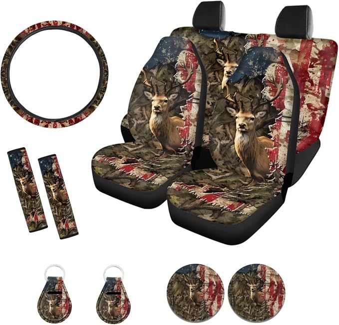 Suobstales Deer Camo Print Car Seat Covers Full Set for Women Men Retro American Flag Seat Cover Protector Auto Decorative with Steering Wheel Cover +Seat Belt Covers +Coasters +Keychains