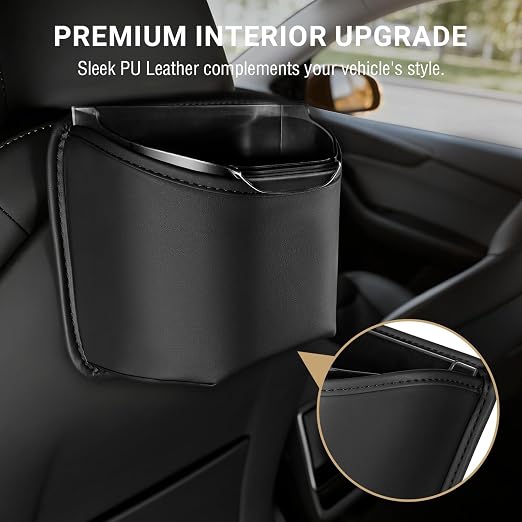 Standard Car Cup Holder Organizer (2-Pack) & Leather Clip on Car Trash Can with Removable Leakproof Liner (1-Pack)