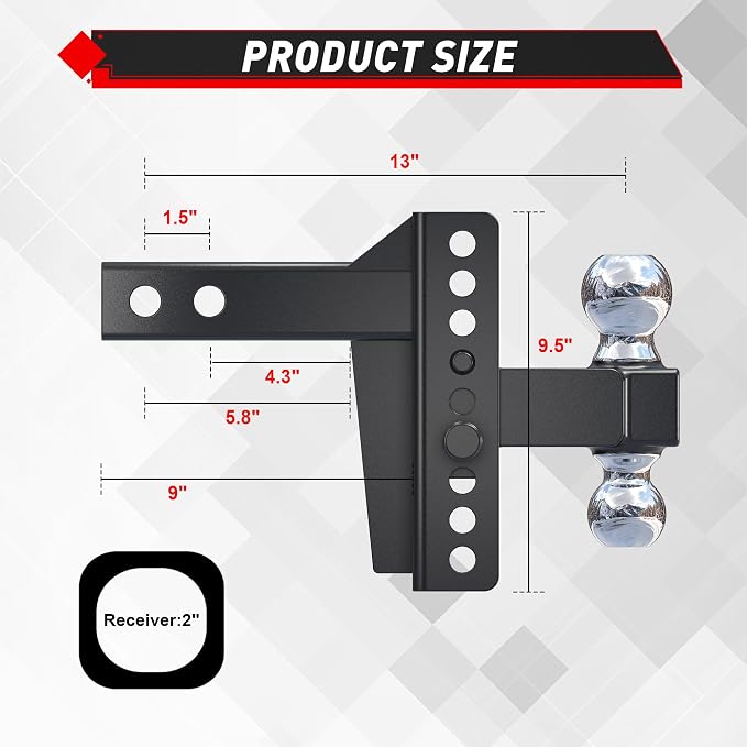TYT Adjustable Truck Trailer Hitch for 2 inch Receiver, 6" Drop/Rise,2" & 2-5/16" Ball,Includes Two Pin Locks & Hitch Tightener