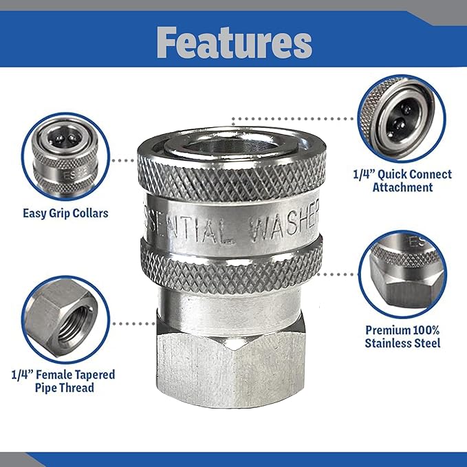 Essential Washer Stainless Steel ¼” Quick Connect Female NPT | Pressure Washer Quick Connect Fittings | 5000 PSI | Set Of 2