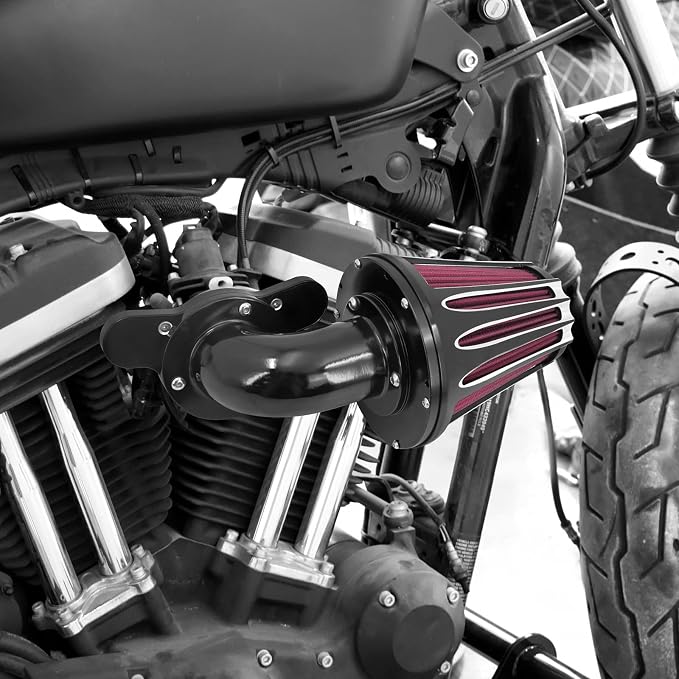 Motorcyle Air Cleaner Filter CNC 90° Forward-Facing Kit Fit for Harley Softail Touring Trike Sportster XL Dyna (Black Housing Red Element, A For Sportster XL 04-22)