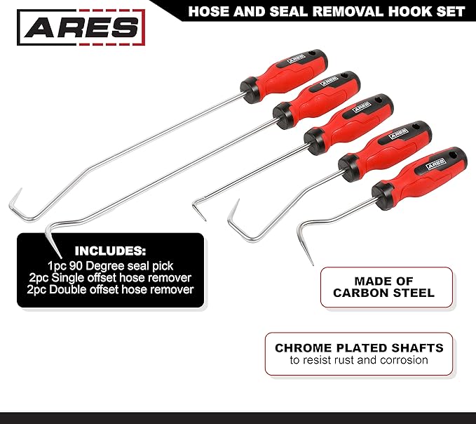 ARES 10038-5-Piece Hose and Seal Removal Set - Includes 90 Degree Seal Pick and Single and Double Offset Hose Removers - Chrome-Plated Steel Shafts - Easily Remove Hoses, Clips, Clamps, and More