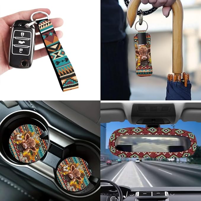 Aztec Highland Cow 12 Pieces Car Accessories Set Steering Wheel Cover Seat Belt Pads Car Trash Bin Rear View Mirror Cover Car Coasters Keychain Holder Keychains Fashion Auto Interior