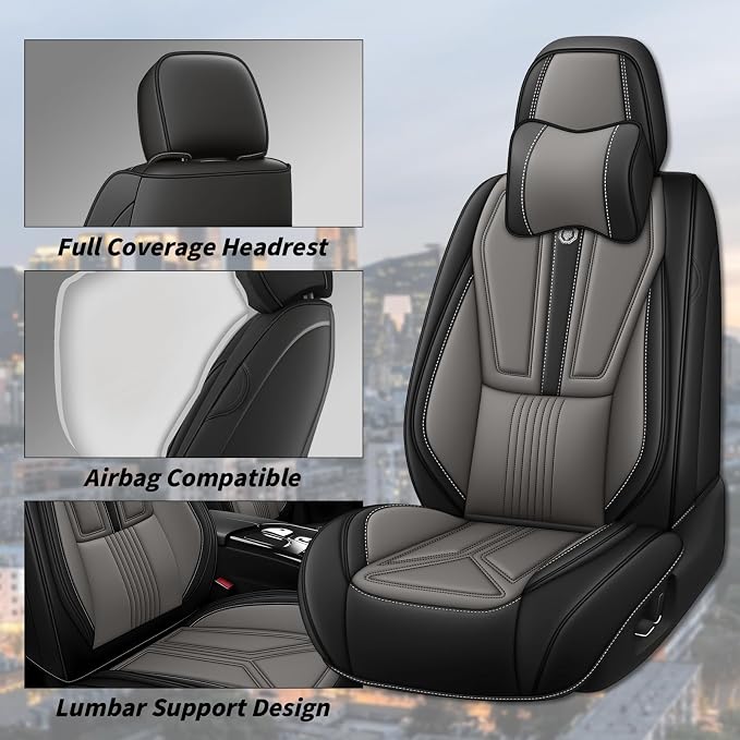 Arazi Fit for 98% of Mazda Seat Covers, 360° Full Wrap Original Seat Cover, Waterproof Nappa Leather Seat Covers with Big Space Storage Pocket Seat Protector（2 Seats Luxury, Black&Gray）