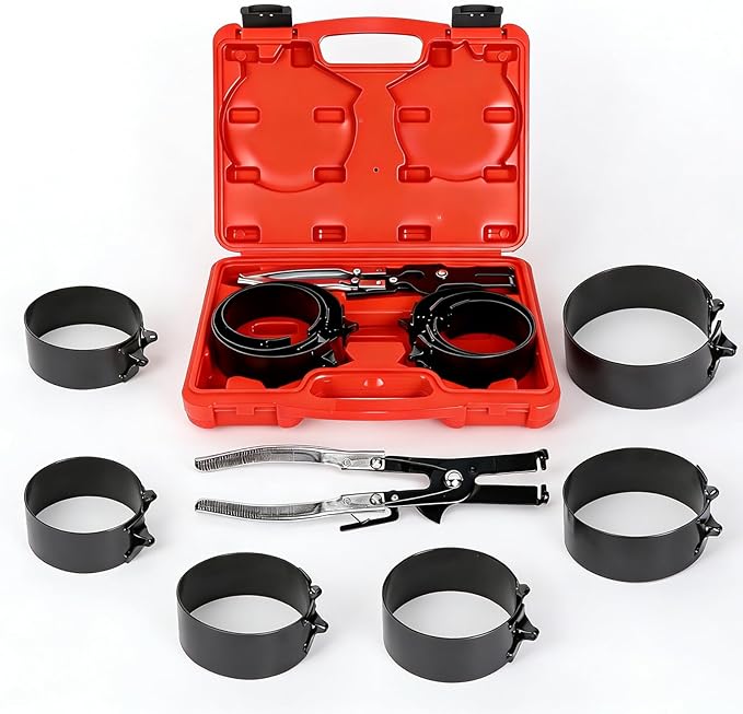 Piston Ring Compressor Tool, Thickened Adjustable 6 Piston Rings (2-7/8" - 4-5/8") and Pliers - Piston Ring Tool for Car, Truck & Motorcycle Installation and Removal, Storage Box, Cool Black