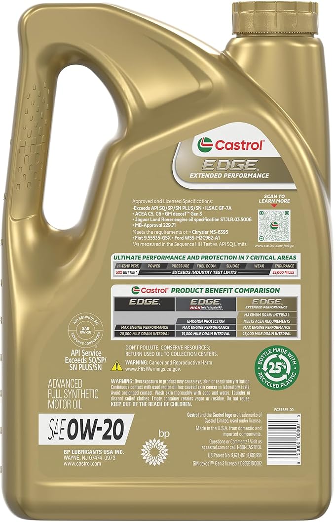 Castrol EDGE Extended Performance 0W-20 Advanced Full Synthetic Motor Oil 5 Quart