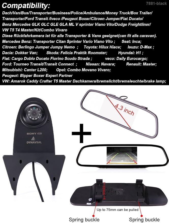 Third Roof Brake Lamp car Backup Camera Replacement for VW Crafter T5 Benz Sprinter vito Viano Citroen Dacia Fiat Ford Hyundai Isuzu Iveco Mitsubishi Nissan Seat Skoda Toyota+4.3" Reverse Mirror