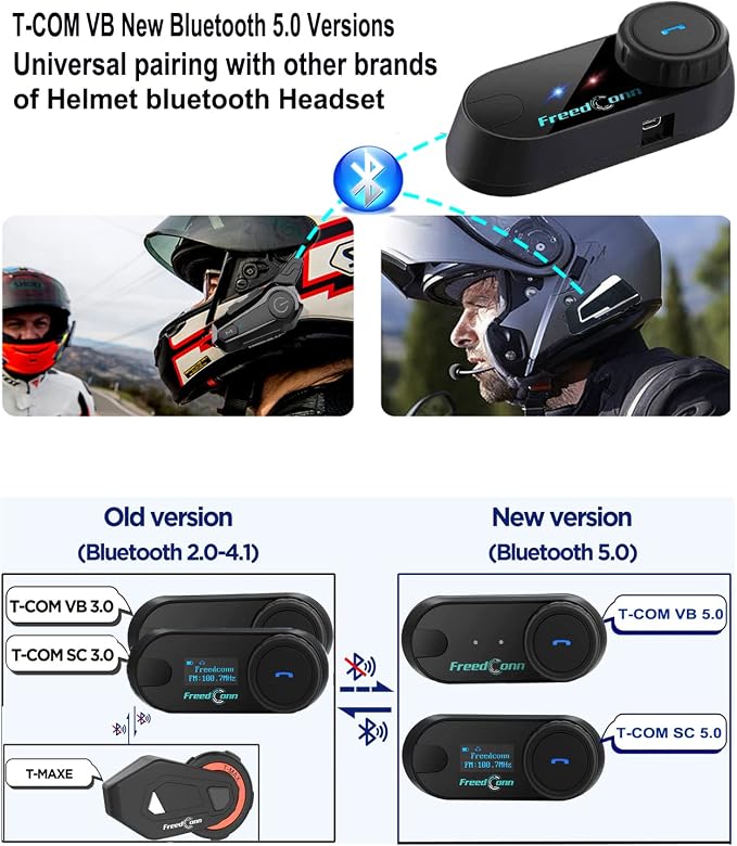 FreedConn Bluetooth Motorcycle Headset, TCOM VB Helmet Headset 2-Way 800M Intercom, Universal Pairing Communication System Kit for Ski/ATV/Dirt Bike (FM/ IP65 /2 in 1 Mic/Siri) 2 Pack