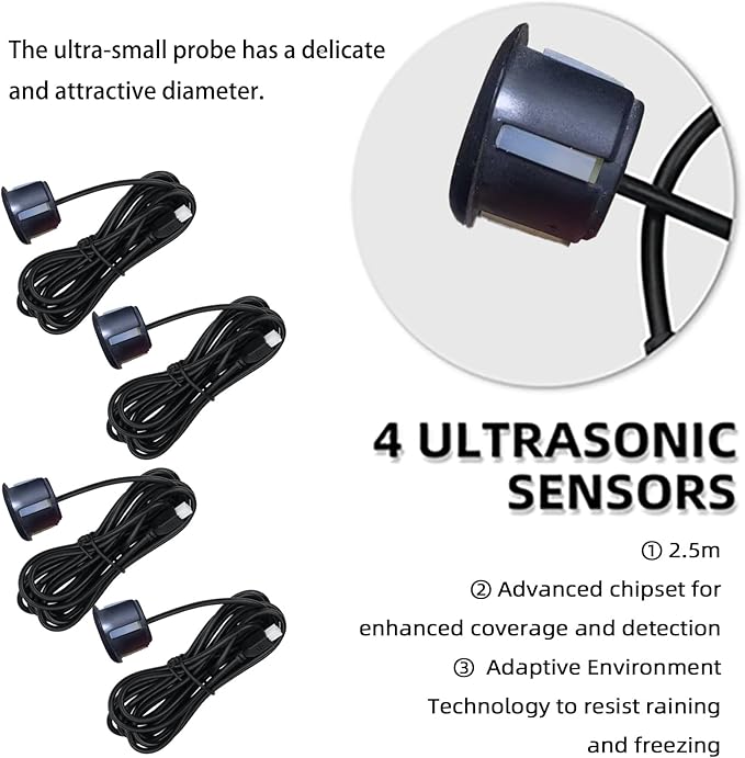 LCD Parking Sensor Kit - Displays Data on Original Screen, Easy Rear Installation, Compatible with CVBS Cameras (Not for AHD), 18 Probe Colors to Match Any Vehicle MatteBlack
