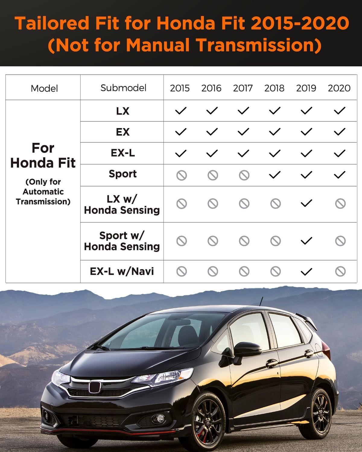 Car Floor Mats for Honda Fit : 2015-2020 (Not for Manual Transmission) Cargo Trunk Liner, Accessories All Weather Rubber Custom Fit for Honda Fit 2020 2019 2018 2017 2016 2015 SUV 5-Seat Models Black