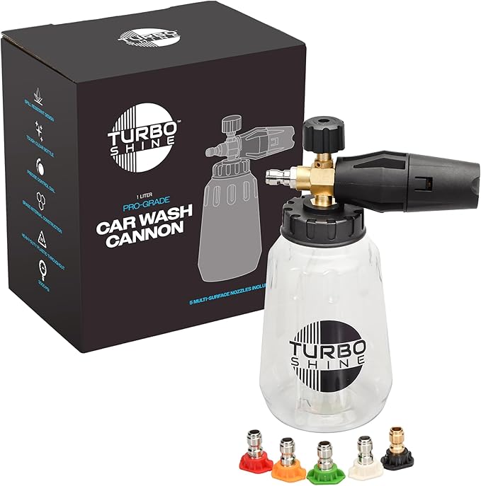 Premium Foam Cannon 1L - High-Pressure Car Wash Sprayer with 1/4in Quick Connector - Includes 5 Multi-Surface Nozzles (Clear, 1 Liter)