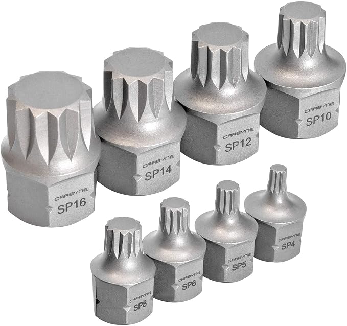 CARBYNE 8-Piece XZN Triple Square Stubby Low Profile Bit Socket Set, 4mm to 16mm, 12 Point Spline, S2 Steel, Dual Drive Internal Square and External Hex for Tight Confined Spaces