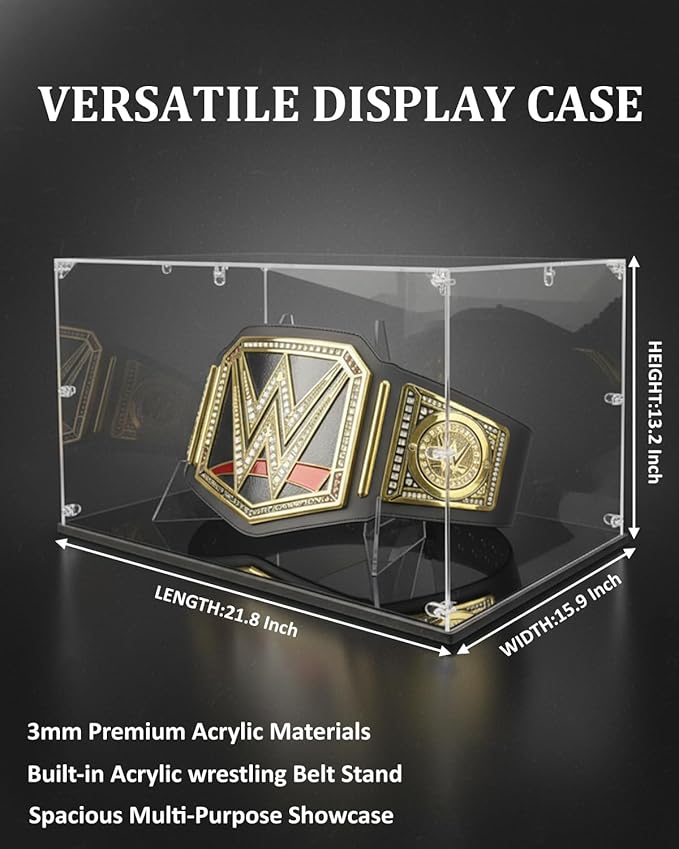 Acrylic Championship Belt Display Case – 3mm Clear Acrylic with Built-in Wrestling Belt Stand, Large 21.8" x 15.9" x 13.2" Showcase Box, Durable Corner-Connector Design – Fits Most Championship Belts