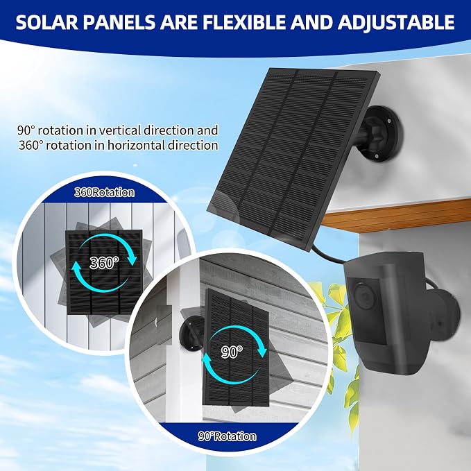 Solar Panels for Ring Camera Outdoor (New Generation) 5W 5V Solar Panel Charger with USB-C&Plug for Spotlight Cam Plus&Stick Up Cam Pro.Waterproof IP65 360°Adjustable 10FT Cable (Black, 2)