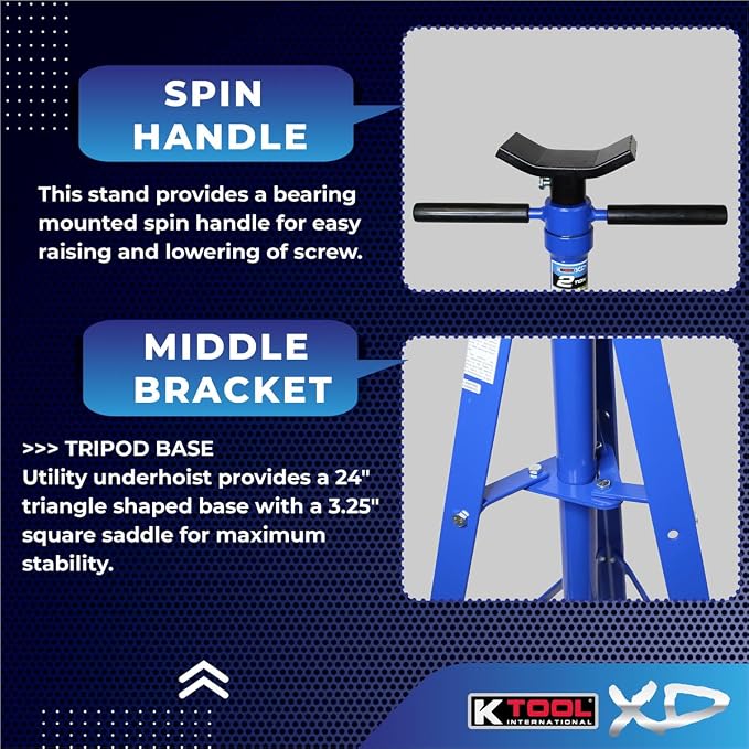 K Tool International XD61002 2 Ton Automotive Under Hoist Tripod Stand for Garages, Repair Shops, and DIY, 4,000lb. Capacity, Support Range 49"-79.75", Heavy Duty Steel, 24" Base, 3.25" Saddle, Blue