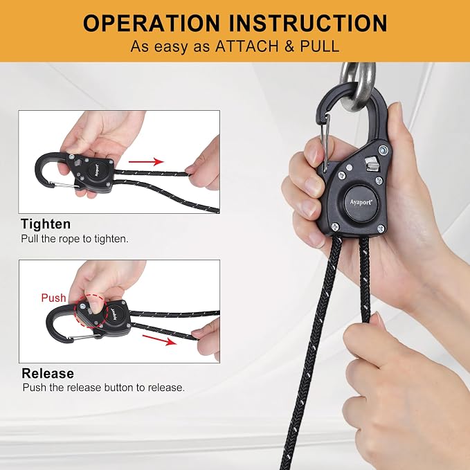 Ayaport Rope Tie Down Ratchet with Carabiner Clip 1/8" x 8' Rope Hanger Cord Tightener Heavy Duty Construction Kayak tie Downs for Tent, Tarp, Camping