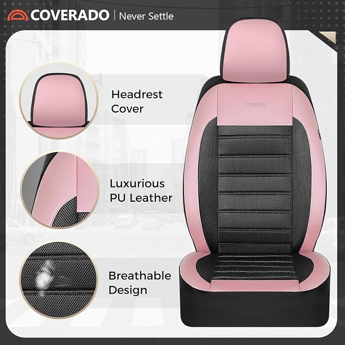 Coverado Car Seat Covers Front Seats, Luxury Leather Car Seat Covers, Automotive Mesh Seat Covers 2 Pack, Airbag-Compatible, Black Pink Seat Covers for SUV Sedan Truck