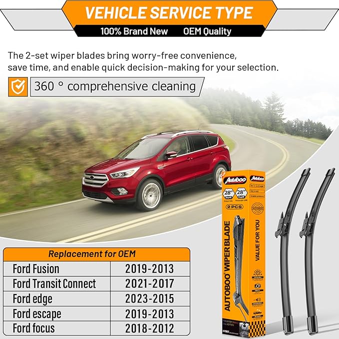 AUTOBOO 28"+28" Windshield Wipers Replacement for 2013-2019 Ford Escape 2015-2023 Edge 2012-2018 Focus 13-19 Fusion-Original Factory Quality (Pack of 2)