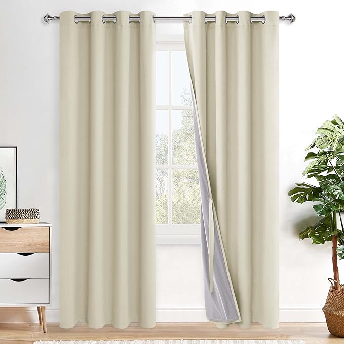 XWZO 100% Blackout Curtain Panels - Thermal Insulated Black Liner Curtains, Noise Reducing and Heat Blocking Drapes for Hall and Studio Windows with Tiebacks, Beige, W52 x L84, Set of 2