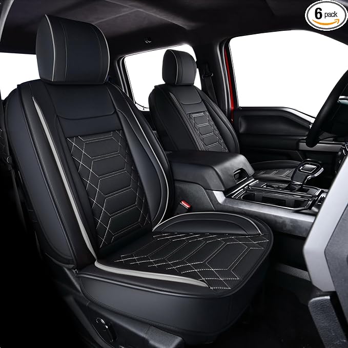 RISINGSTAR F150 Faux Leather Seat Covers, fit for 2015-2026 F150 SuperCrew, and 2017-2026 F250 F350 F450 Super Duty Crew Cab(Full Set, Black&Gray)